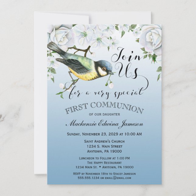Bird Nature First Communion Invitation Blue Floral (Front)