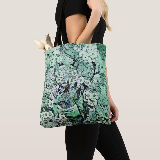 BIRD NEST AMONG GREEN WHITE SPRING FLOWERS Floral Tote Bag (Close Up)
