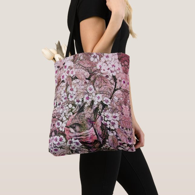 BIRD NEST AMONG PINK WHITE SPRING FLOWERS Floral Tote Bag (Close Up)
