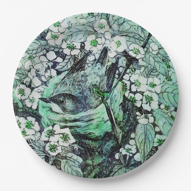 BIRD NEST AMONG SPRING FLOWERS ,White Green Paper Plate (Front)