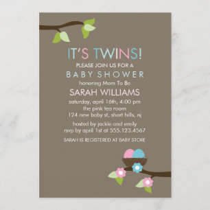 Bird Nest and Blossoms Twins Baby Shower Invitation