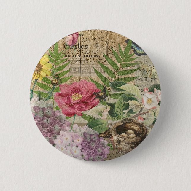 Bird Nest Floral Garden Flower Butterfly Art 2 Inch Round Button (Front)