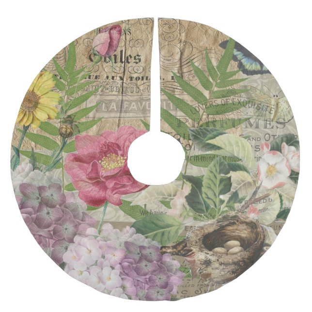 Bird Nest Floral Garden Flower Butterfly Art Brushed Polyester Tree Skirt (Front)
