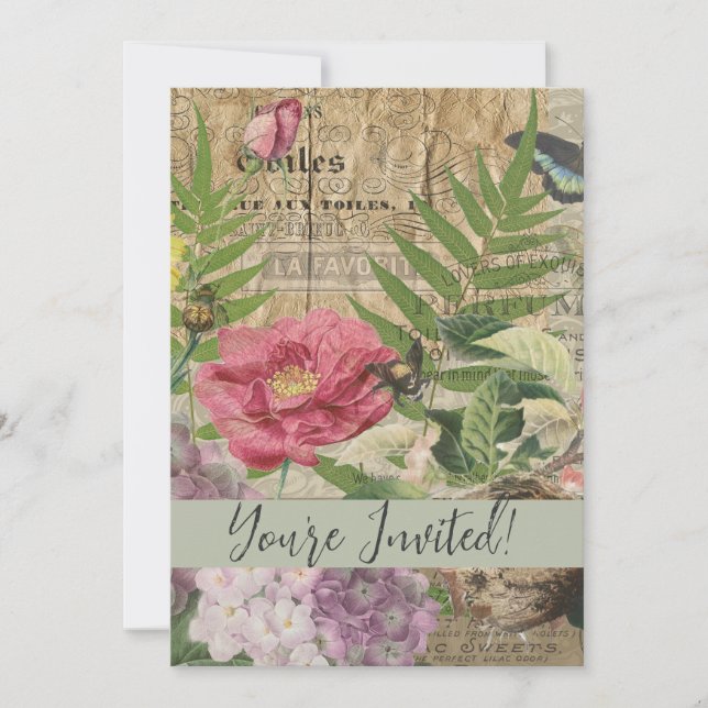 Bird Nest Floral Garden Flower Butterfly Art Invitation (Front)