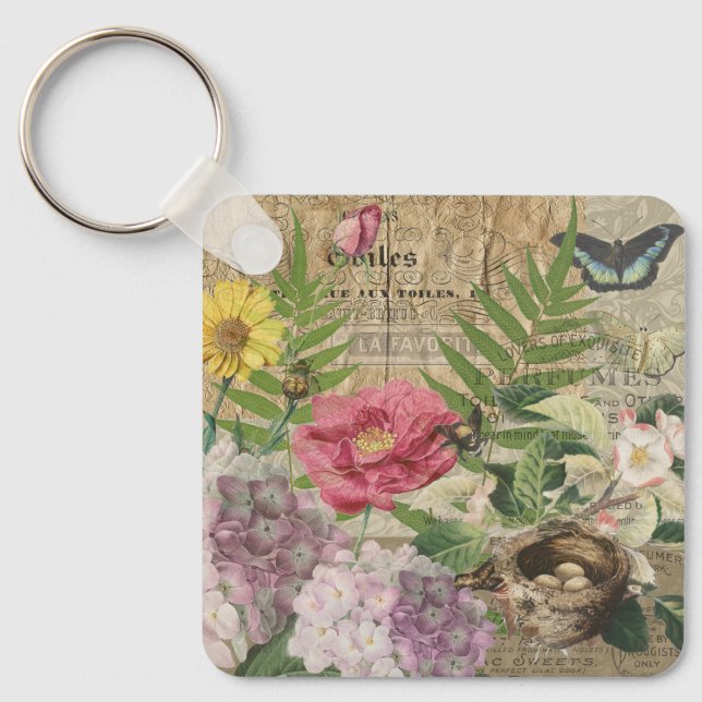 Bird Nest Floral Garden Flower Butterfly Art Keychain (Front)
