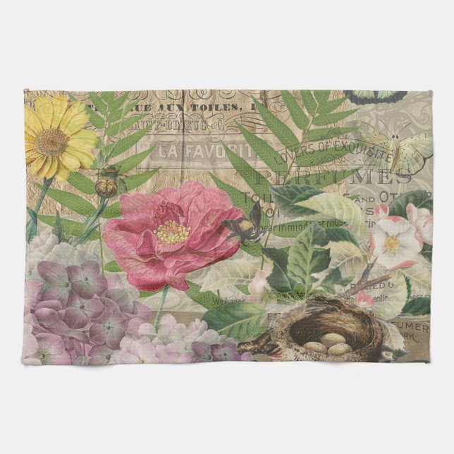 Bird Nest Floral Garden Flower Butterfly Art Kitchen Towel (Horizontal)