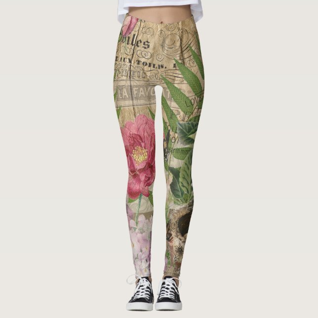 Bird Nest Floral Garden Flower Butterfly Art Leggings (Front)