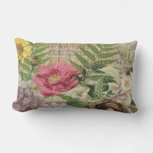 Bird Nest Floral Garden Flower Butterfly Art Lumbar Pillow