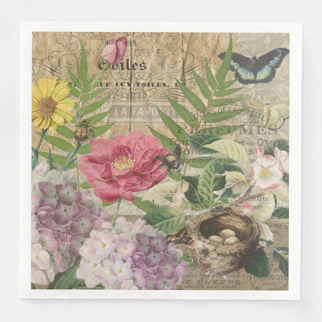 Bird Nest Floral Garden Flower Butterfly Art Napkin (Front)