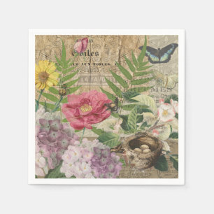 Bird Nest Floral Garden Flower Butterfly Art Napkin