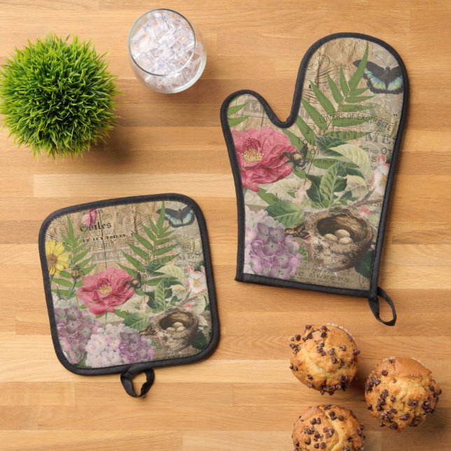 Bird Nest Floral Garden Flower Butterfly Art Oven Mitt & Pot Holder Set (Top Down)