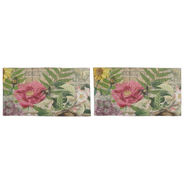 Bird Nest Floral Garden Flower Butterfly Art Pillowcase (Back-Set)