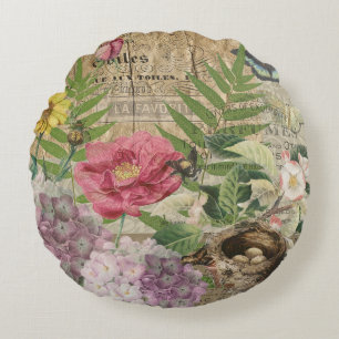 Bird Nest Floral Garden Flower Butterfly Art Round Pillow