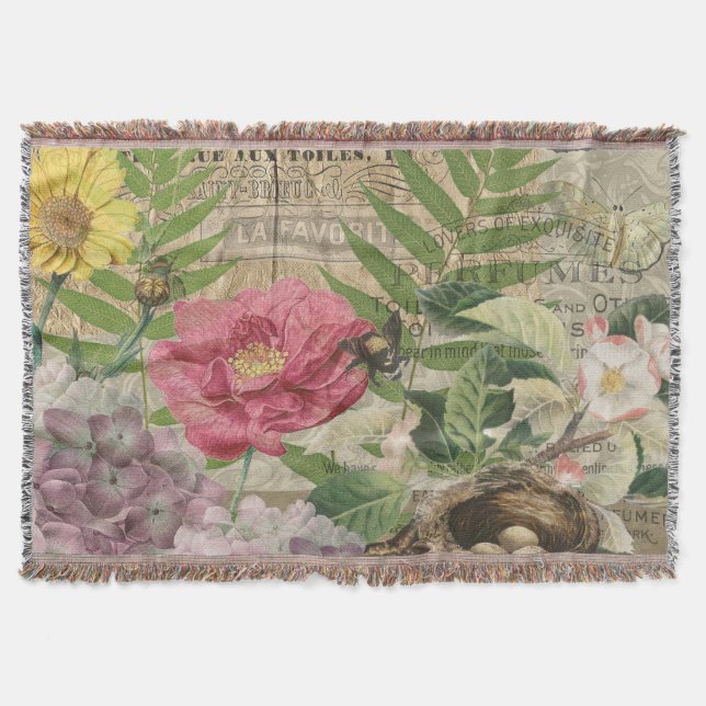 Bird Nest Floral Garden Flower Butterfly Art Throw Blanket (Front)