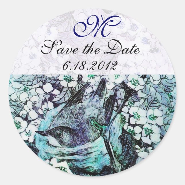 BIRD NEST Save The Date Monogram,White Teal Blue Classic Round Sticker (Front)