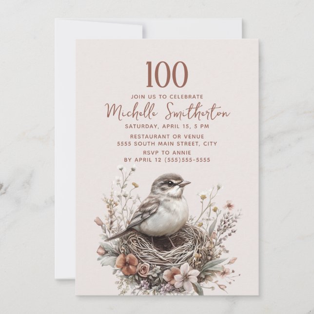 Bird Nest Terracotta Pink 100th Birthday Invitation (Front)