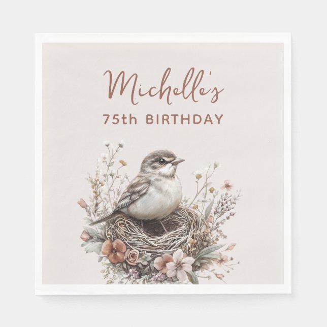 Bird Nest Terracotta Pink 75th Birthday Napkin (Front)