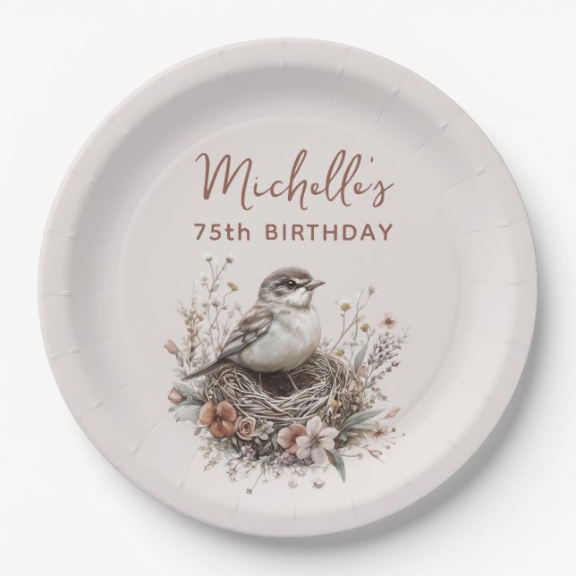Bird Nest Terracotta Pink 75th Birthday Paper Plate (Front)