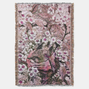 BIRD NEST, TREE ,PINK WHITE SPRING FLOWERS Floral Throw Blanket