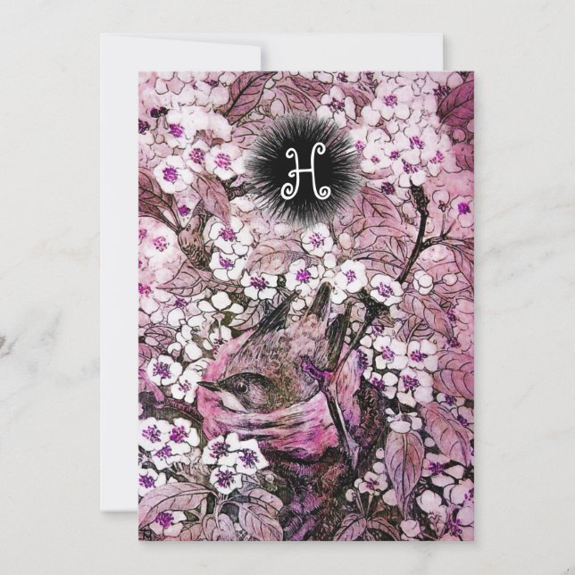 BIRD NEST,TREE WHITE PINK SPRING FLOWERS MONOGRAM ANNOUNCEMENT (Front)