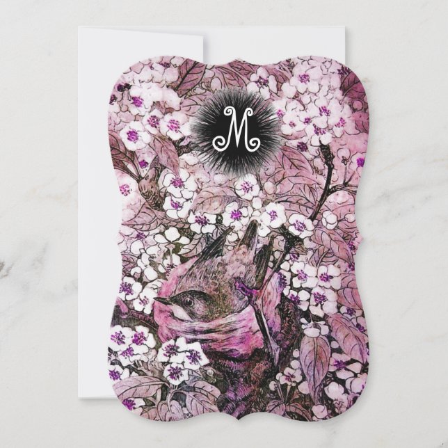 BIRD NEST,TREE WHITE PINK SPRING FLOWERS MONOGRAM ANNOUNCEMENT (Front)