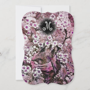 BIRD NEST,TREE WHITE PINK SPRING FLOWERS MONOGRAM ANNOUNCEMENT