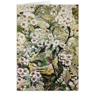 BIRD NEST,TREE WITH BROWN WHITE SPRING FLOWERS