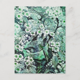 BIRD NEST ,TREE WITH GREEN WHITE SPRING FLOWERS ANNOUNCEMENT POSTCARD