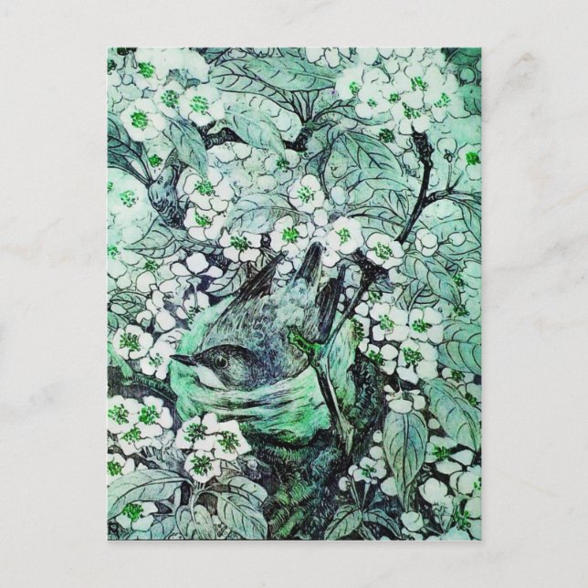 BIRD NEST ,TREE WITH GREEN WHITE SPRING FLOWERS POSTCARD (Front)