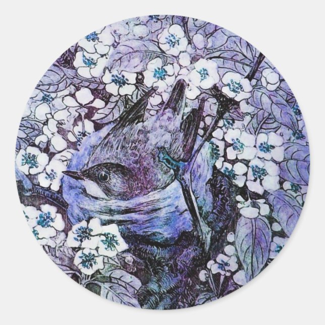 BIRD NEST ,TREE WITH WHITE BLUE SPRING FLOWERS CLASSIC ROUND STICKER (Front)