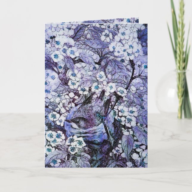 BIRD NEST ,TREE WITH WHITE BLUE SPRING FLOWERS HOLIDAY CARD (Front)