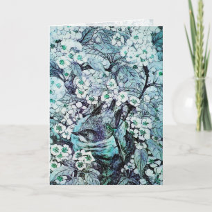 BIRD NEST ,TREE WITH WHITE BLUE SPRING FLOWERS HOLIDAY CARD