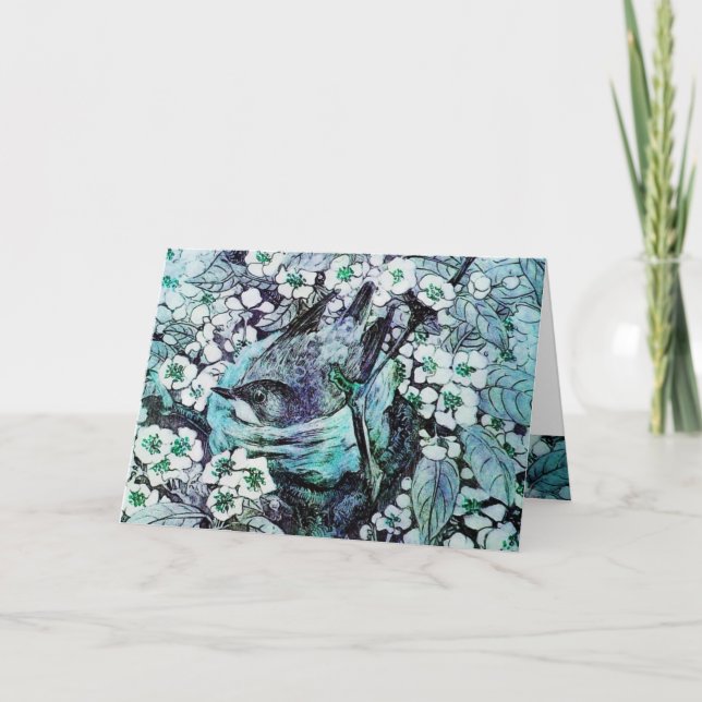 BIRD NEST ,TREE WITH WHITE BLUE SPRING FLOWERS HOLIDAY CARD (Front)