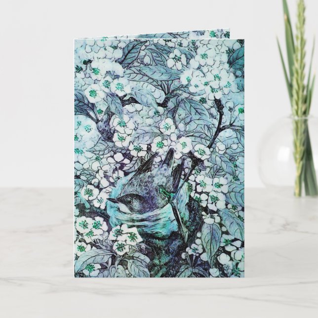 BIRD NEST ,TREE WITH WHITE BLUE SPRING FLOWERS HOLIDAY CARD (Front)