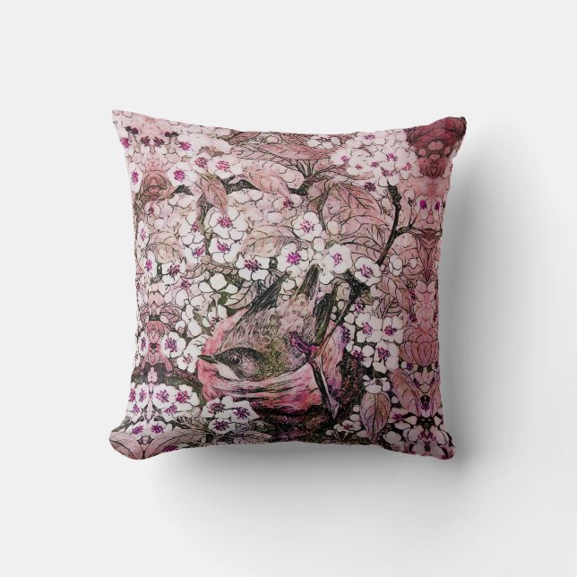 BIRD NEST ,TREE WITH WHITE PINK SPRING FLOWERS THROW PILLOW (Front)