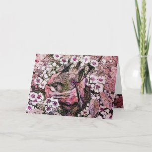 BIRD NEST ,TREE WITH WHITE RED PINK SPRING FLOWERS HOLIDAY CARD
