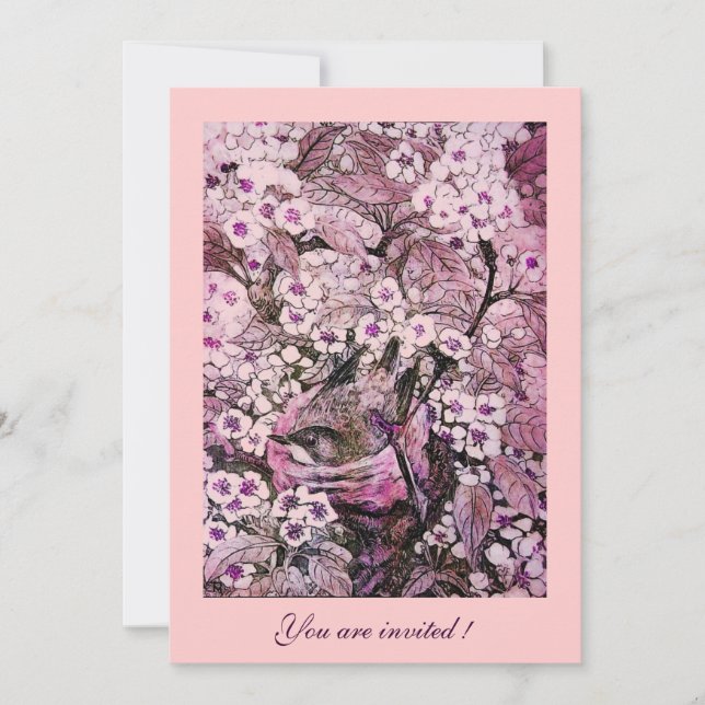 BIRD NEST ,TREE WITH WHITE RED PINK SPRING FLOWERS INVITATION (Front)