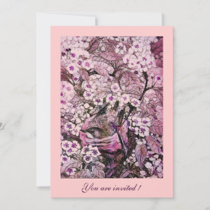 BIRD NEST ,TREE WITH WHITE RED PINK SPRING FLOWERS INVITATION