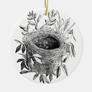 bird nest vintage illustration ceramic ornament