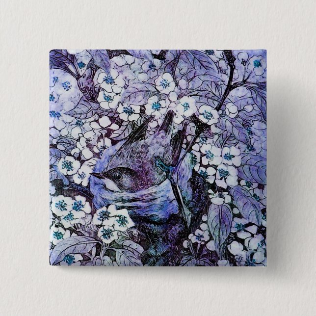 BIRD NEST ,white blue 2 Inch Square Button (Front)