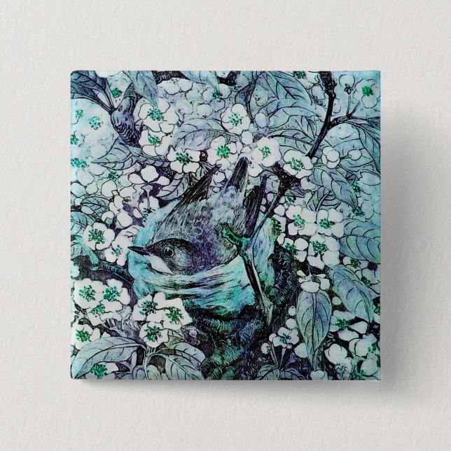 BIRD NEST ,white blue 2 Inch Square Button (Front)