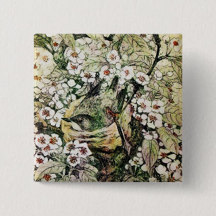 BIRD NEST ,white brown green yellow 2 Inch Square Button
