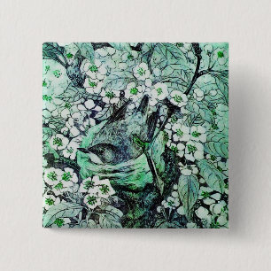 BIRD NEST ,white green 2 Inch Square Button
