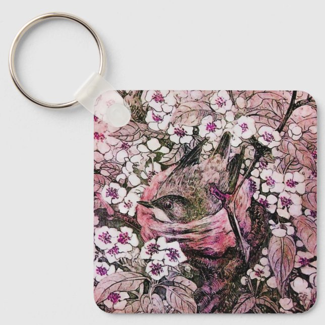 BIRD NEST ,white red pink Keychain (Front)