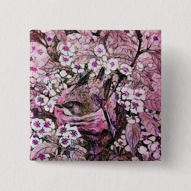 BIRD NEST ,white red pink violet 2 Inch Square Button (Front)