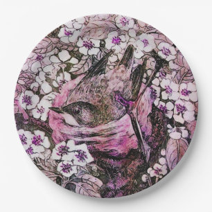 BIRD NESTAMONG SPRING FLOWERS Pink Lilac White Paper Plate