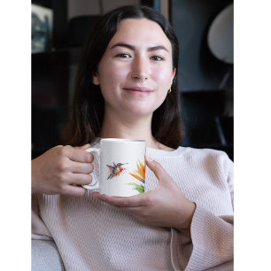 Bird of paradise and hummingbird in watercolor coffee mug