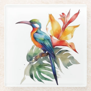 Bird of Paradise, colourful phantasy bird 'n flowe Glass Coaster