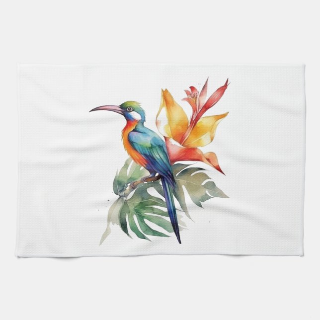 Bird of Paradise, colourful phantasy bird 'n flowe Kitchen Towel (Horizontal)
