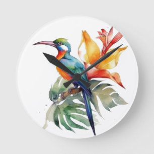 Bird of Paradise, colourful phantasy bird 'n flowe Round Clock